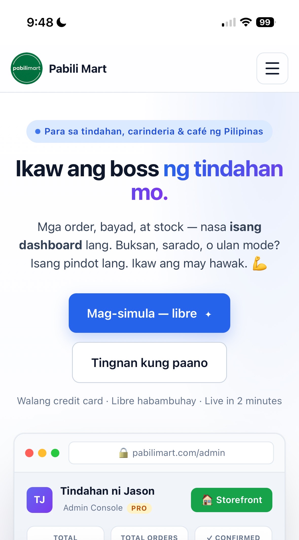 Pabili Mart home page na may asul na ‘Mag-simula — libre’ button