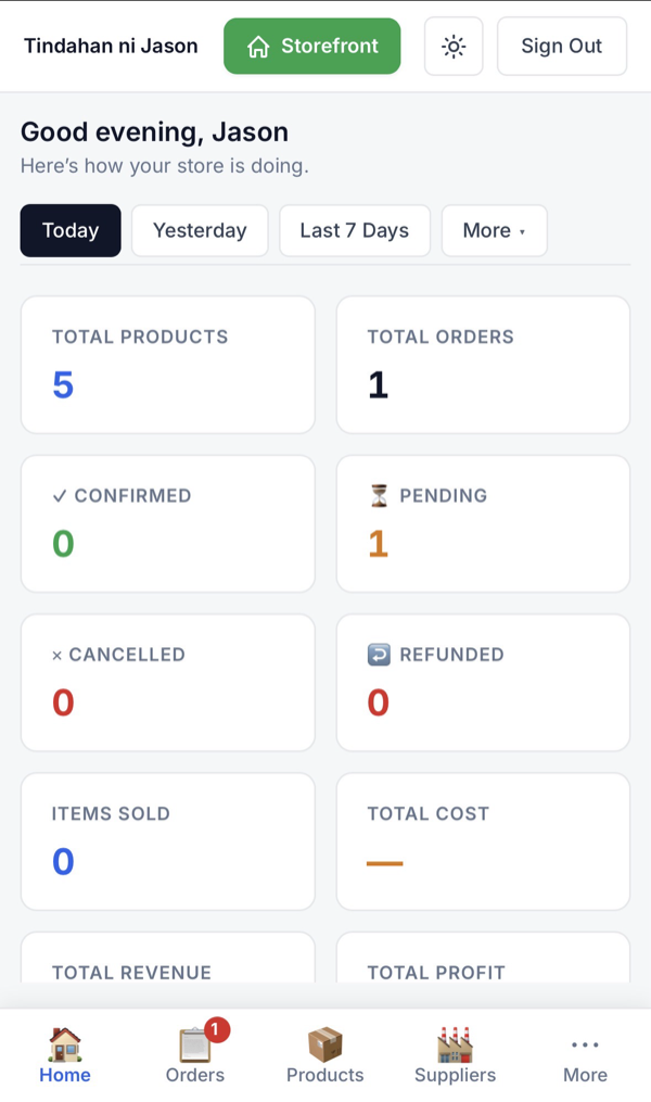 Admin dashboard — bagong pending order