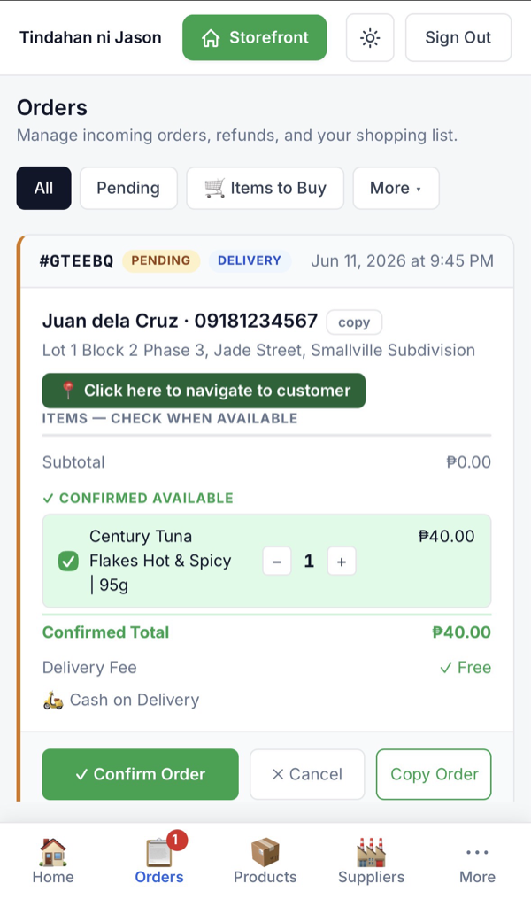 Order detail — check items at Confirm Order