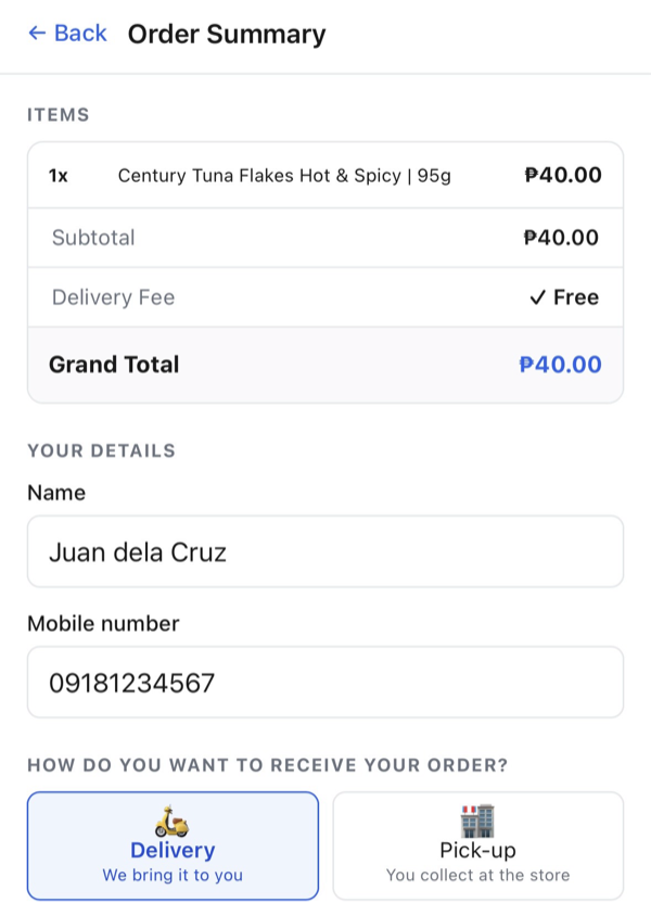Order Summary — name, mobile, delivery o pickup
