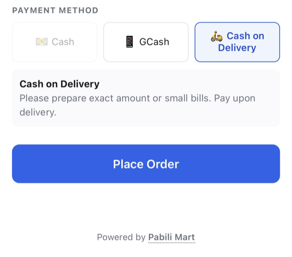 Payment Method — Cash on Delivery, Place Order