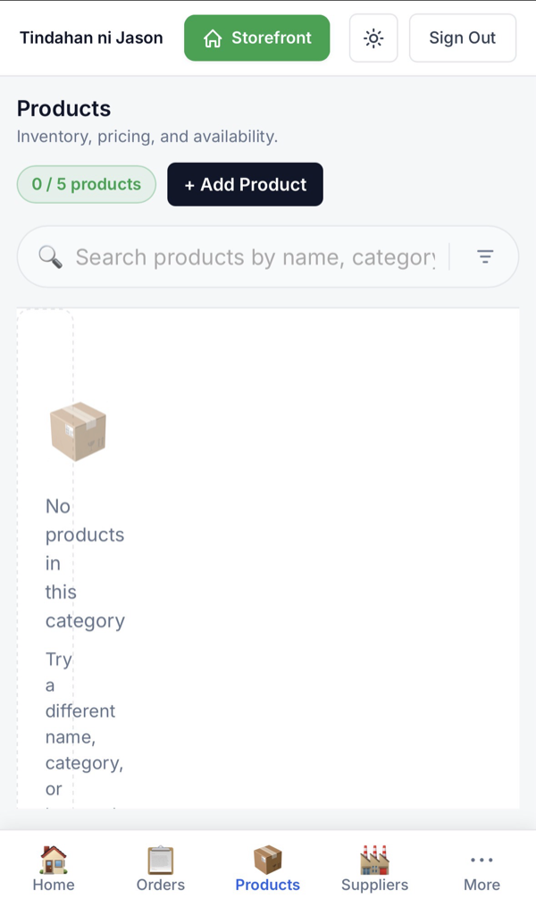 Products tab na may + Add Product
