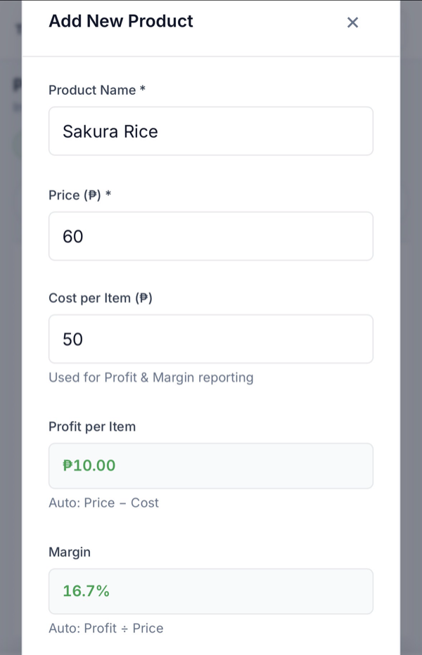 Add New Product — name, price, cost