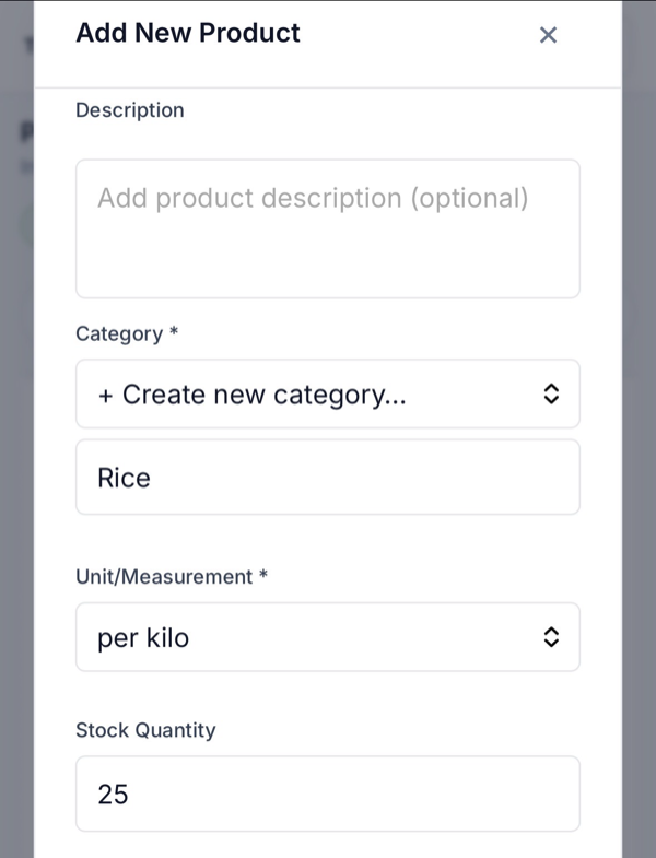 Category, unit, at stock quantity