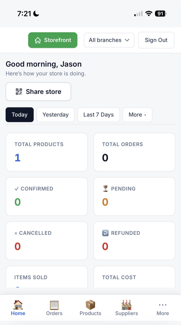 Admin Home na may Share store button