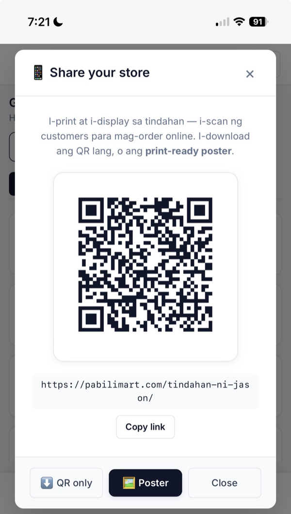 Share your store modal na may QR code