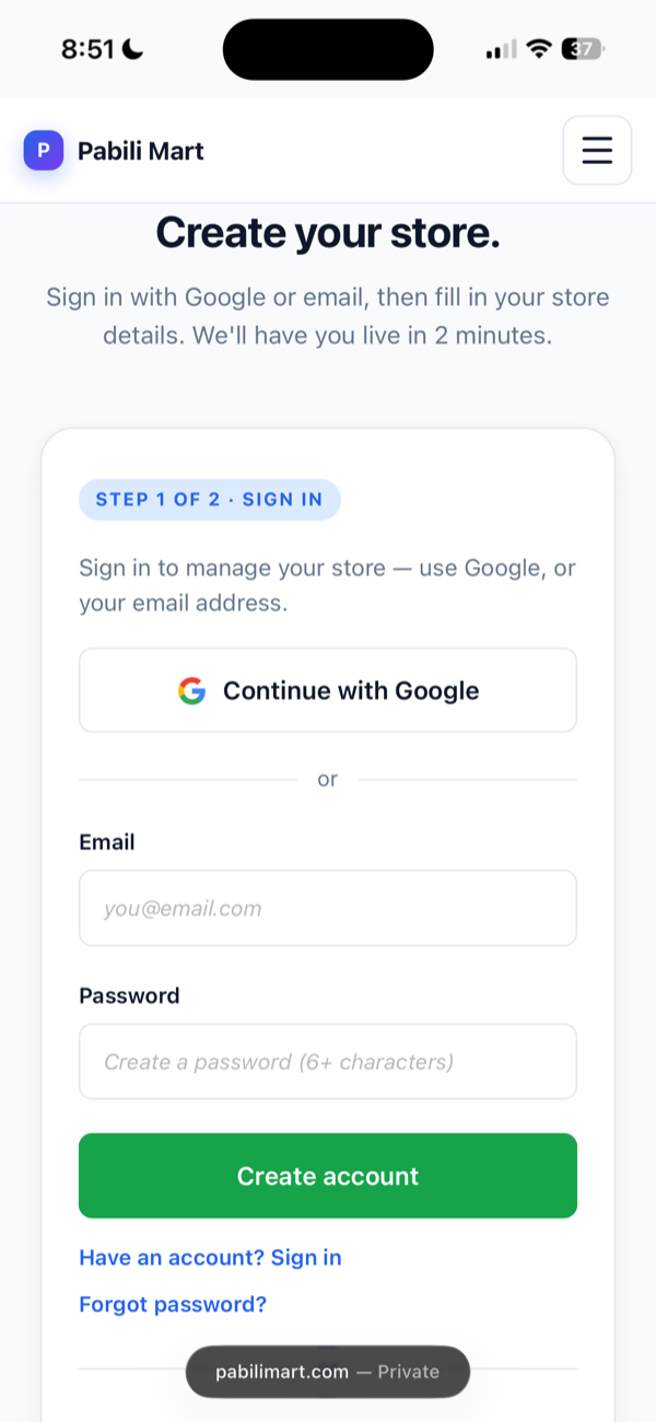 Create your store — Continue with Google o email at password