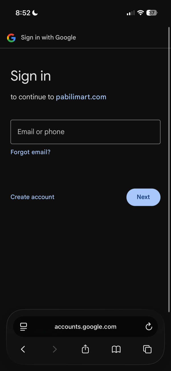 Google sign-in page para sa pabilimart.com