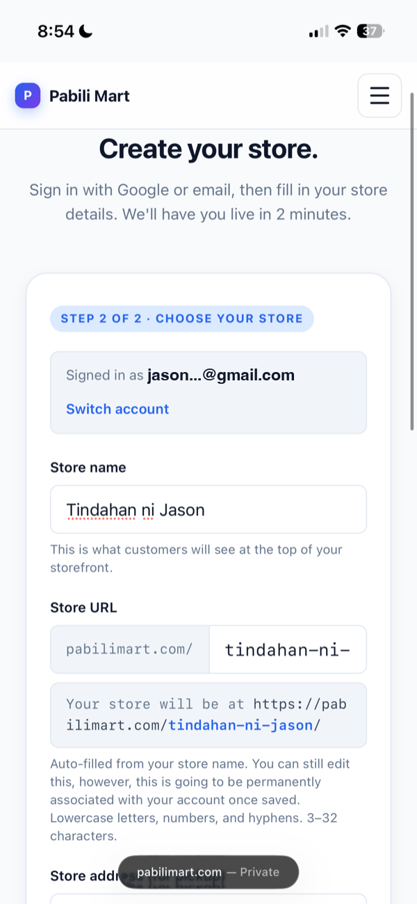 Store name at Store URL setup