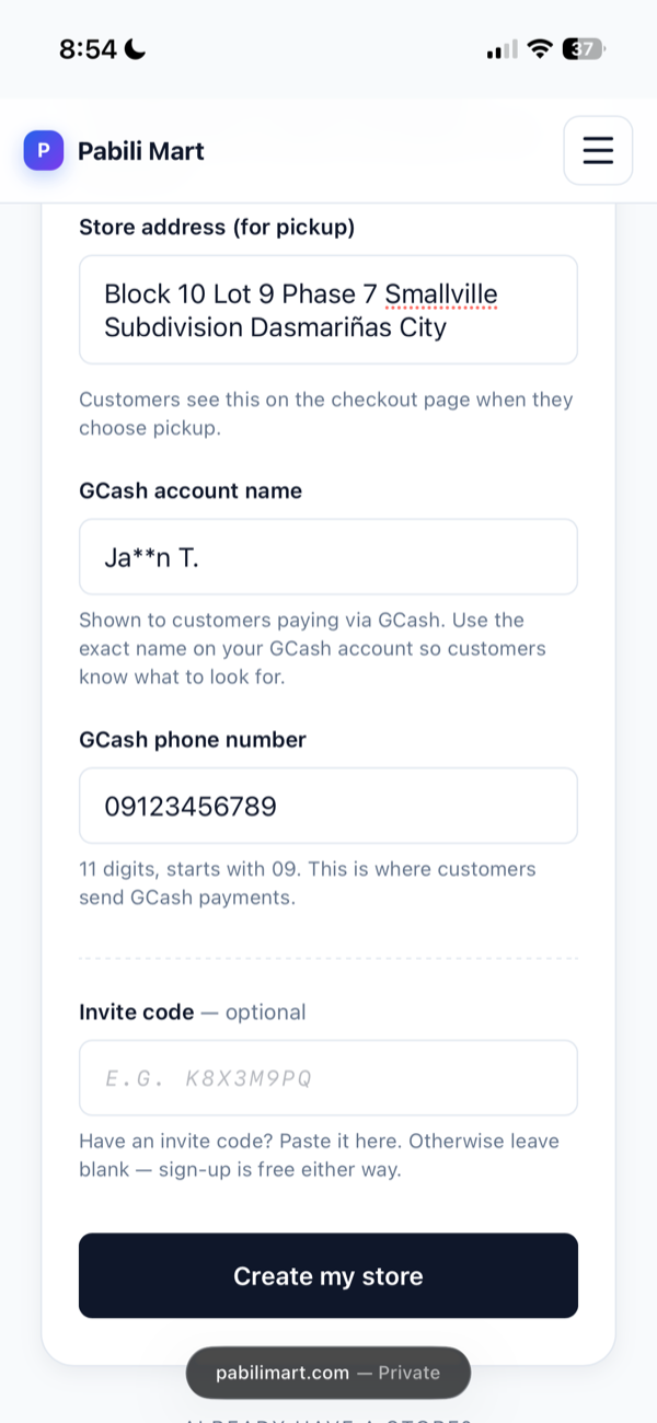 Store address, GCash details, at invite code
