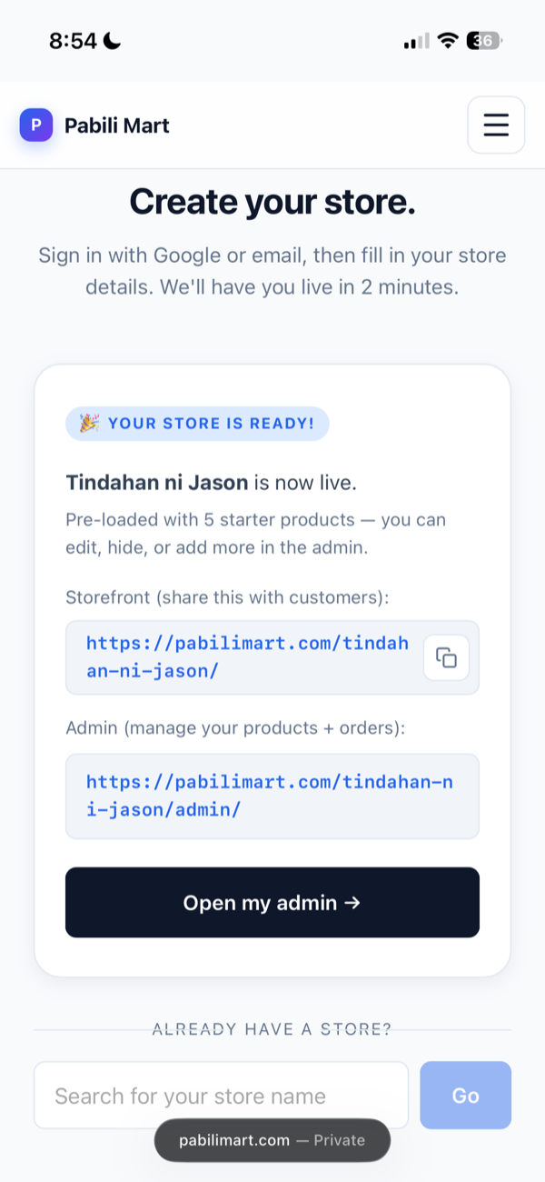 Your store is ready — storefront at admin links