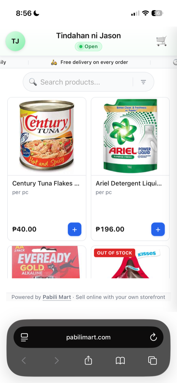 Live storefront na may products at presyo